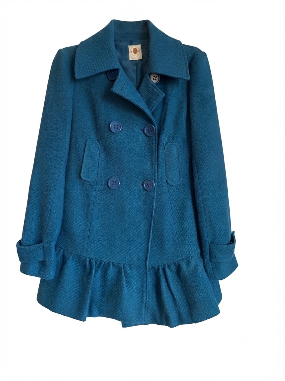 TULLE Retro Y2K Peplum Trench Pea Coat Teal Green Textured Ruffle Quirky Chic M
